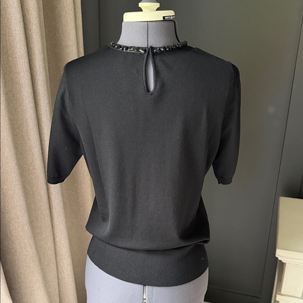 White House Black Market Black Beaded Short Sleeve Rayon blend Sweater Size S - Picture 3 of 11